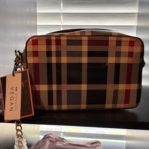 Plaid Vegan Crossbody Bag in Brown and Tan